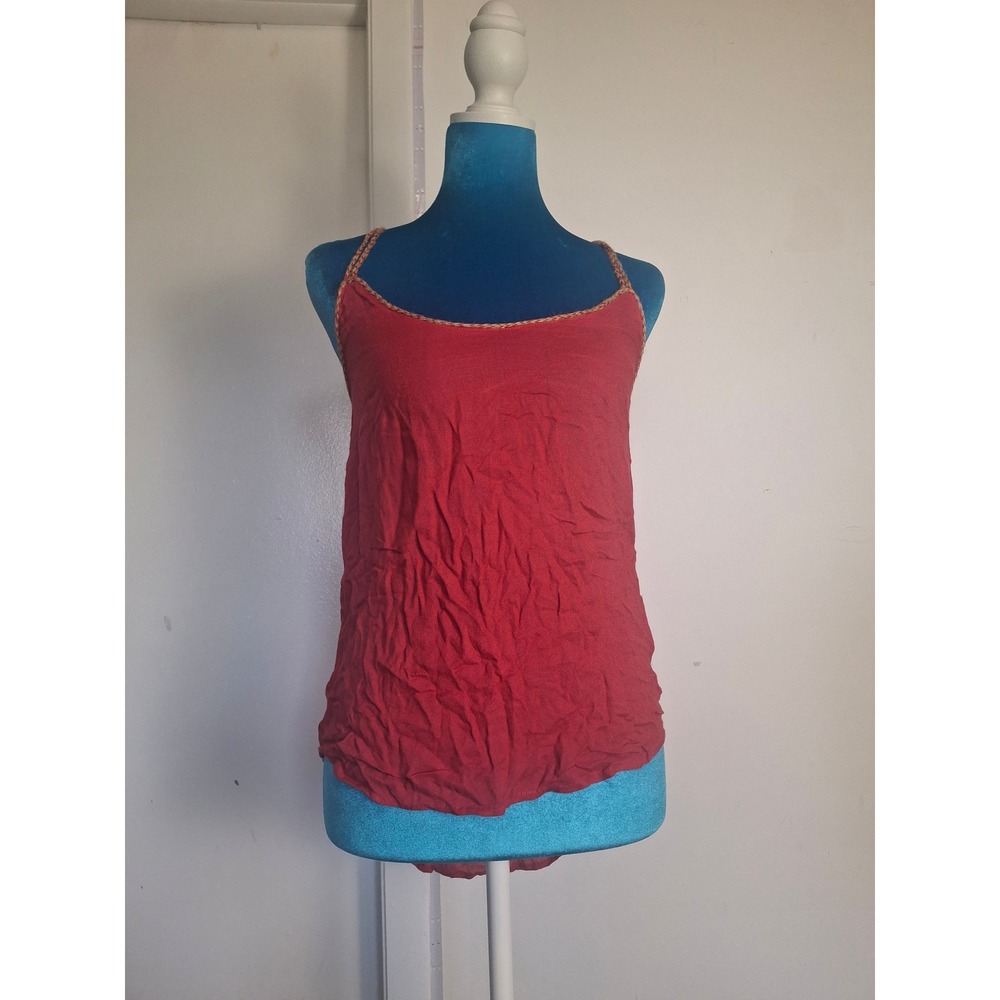 Isato Red Viscose Braided Rope Strap T-Back Tank Top Lace Trim Small